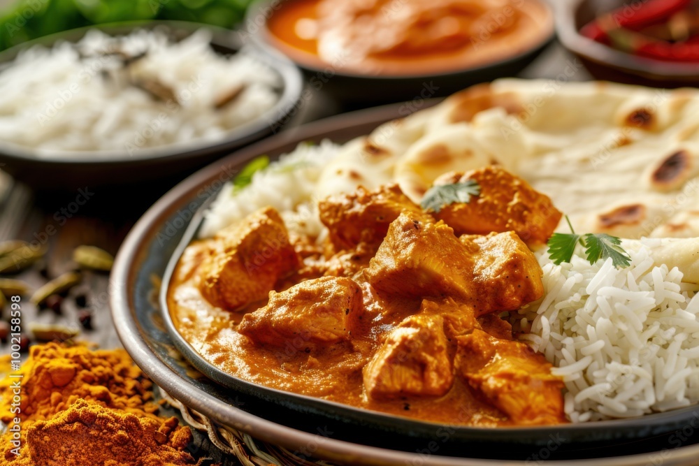 A delicious plate of chicken tikka masala with rice and naan, served in a traditional Indian setting with colorful spices in the background. Copy space A delicious plate of chicken tikka masala with rice and naan, served in a traditional Indian setting with colorful spices in the background. Copy space