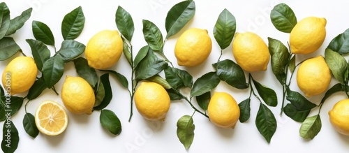 Fresh Lemons with Green Leaves on White Background - Vibrant Citrus Fruit Arrangement