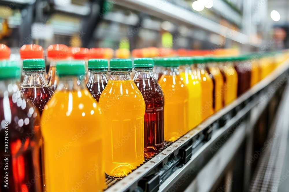 Beverage Factory: Industrial Production Line with Conveyor and Bottles for Juice or Water
