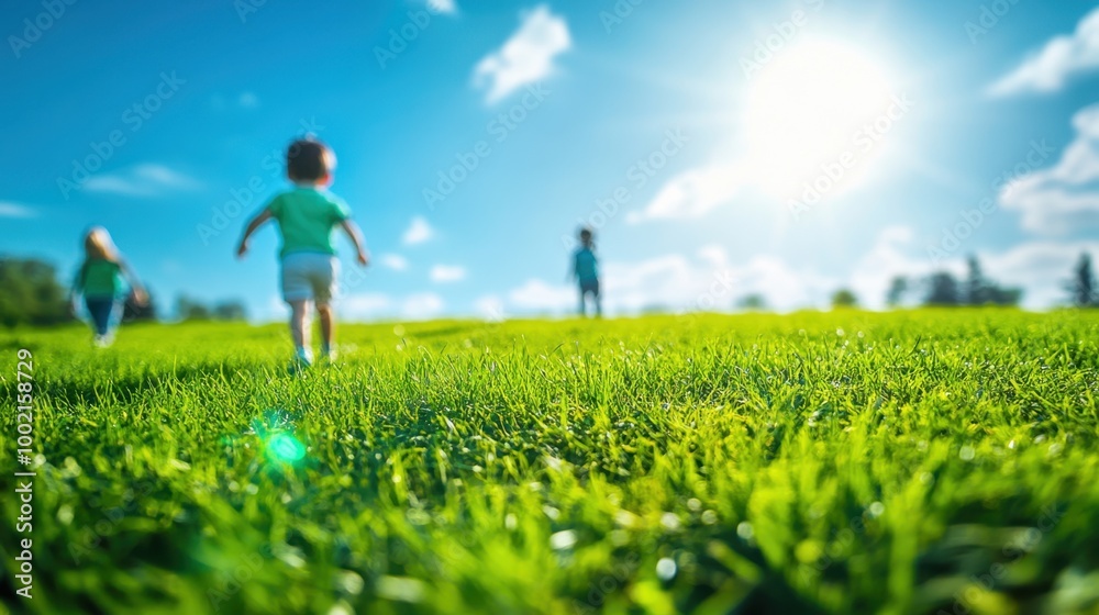 Fresh green lawn with kids engaged in playful activities while the clear blue sky and soft sunlight create a peaceful atmosphere. Fresh green lawn with kids engaged in playful activities while the clear blue sky and soft sunlight create a peaceful atmosphere.