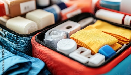 Colorful first aid kit with various medical supplies, essential for home, travel, and emergencies. photo