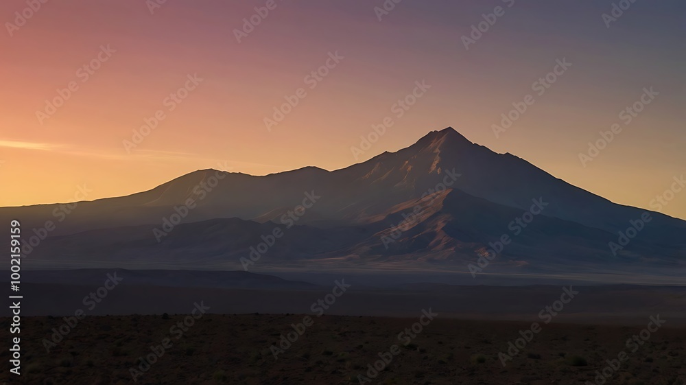 A lone mountain peak silhouetted against a gradient sunset sky, with minimal details and a clean horizon, evoking solitude and calm. A lone mountain peak silhouetted against a gradient sunset sky, with minimal details and a clean horizon, evoking solitude and calm.