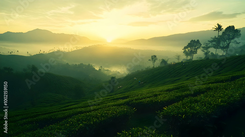 Serene Sunrise Over Lush Green Tea Plantation