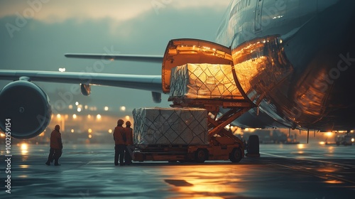 Freight loading operation at an airport during twilight, showcasing logistics and cargo management in action.