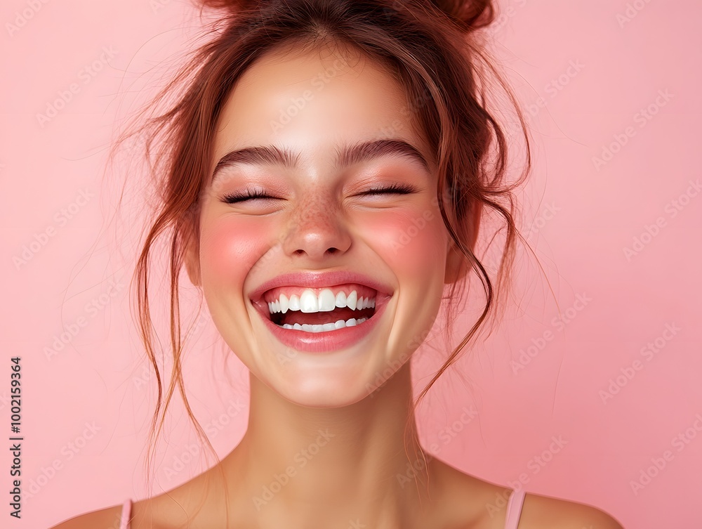 A woman with a huge grin and puffedup cheeks, giving a playful wink on a pink solid background A woman with a huge grin and puffedup cheeks, giving a playful wink on a pink solid background