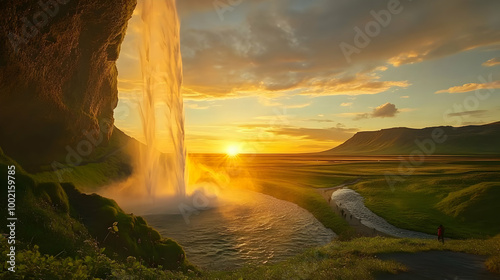 Stunning Sunset Over Waterfall and River in Iceland