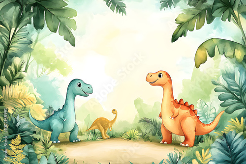 Fototapeta Naklejka Na Ścianę i Meble -  Cute cartoon dinosaur frame border on background in watercolor style.