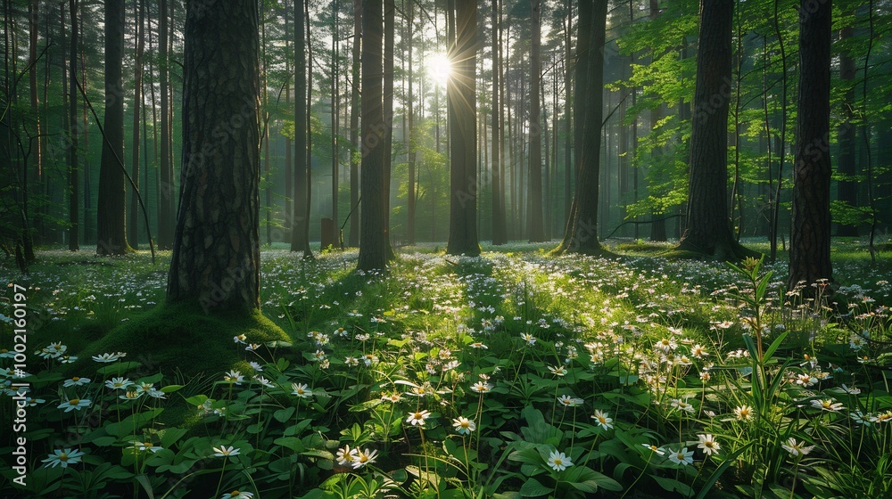 Vibrant green forest illuminated by sunlight breaking through tall trees casting shadows on the forest floor with blooming wildflowers and lush greenery Vibrant green forest illuminated by sunlight breaking through tall trees casting shadows on the forest floor with blooming wildflowers and lush greenery