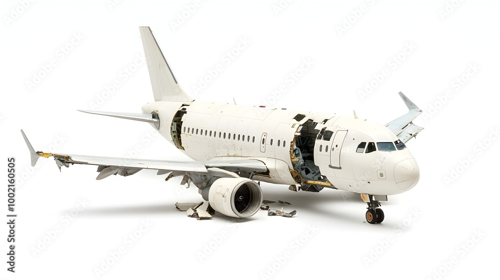 A broken model airplane with missing wings and bent landing gear isolated on a clean white background The damaged toy plane represents a technical failure accident A broken model airplane with missing wings and bent landing gear isolated on a clean white background The damaged toy plane represents a technical failure accident