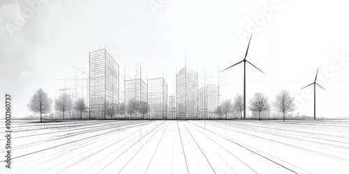 a drawing of a city with a line of wind turbines in the background