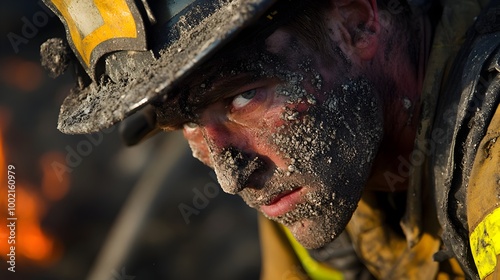 A close up portrait of a firefighter s face covered in ash and soot photo