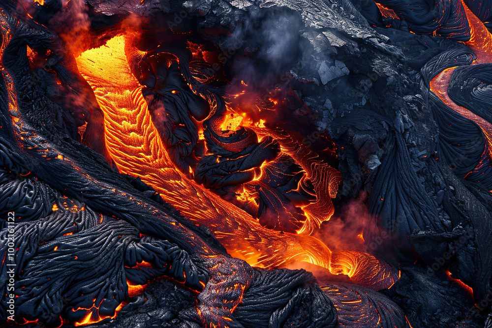 Fototapeta premium Generative ai on theme of erupting volcano with cascading hot lava surrounded thick white smoke