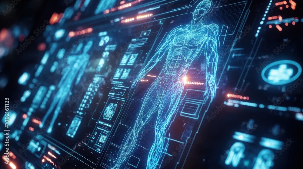 Futuristic digital medical records displayed on a glowing screen, symbolizing advanced healthcare technology. Futuristic digital medical records displayed on a glowing screen, symbolizing advanced healthcare technology.