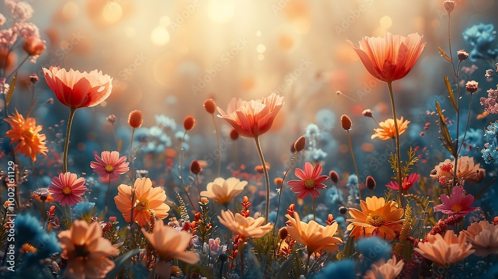 Vibrant countryside meadow under a bright summer sky with wildflowers in full bloom and a gentle breeze swaying the tall grass