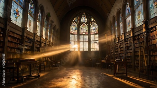 An old, dimly lit library with floating books, dust particles suspended in the air, and enchanted golden light streaming through stained glass windows.