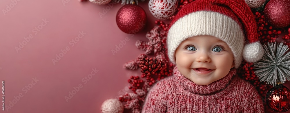 Top View Photo of Happy Baby Wearing Santa Claus Hat with Christmas Decorations on Pink Background, Banner with Copy Space
Top View Photo of Happy Baby Wearing Santa Claus Hat with Christmas Decorations on Pink Background, Banner with Copy Space