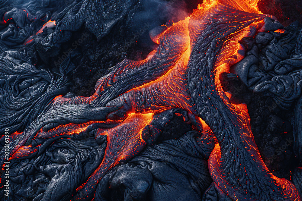 Fototapeta premium Generative ai on theme of erupting volcano with cascading hot lava surrounded thick white smoke