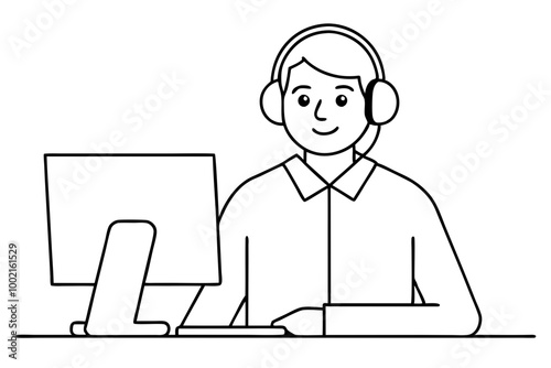 Customer Support Representative with Headset Working at Computer