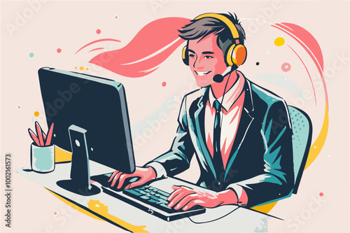 Smiling Customer Service Representative with Headset at Computer Illustration