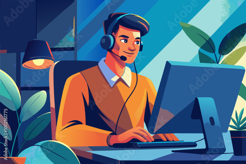 Smiling Customer Support Representative in a Modern Office Environment