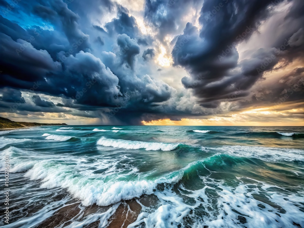 Dramatic Stormy Seascape with Dark Clouds Over Ocean Waves and Turbulent Weather Conditions