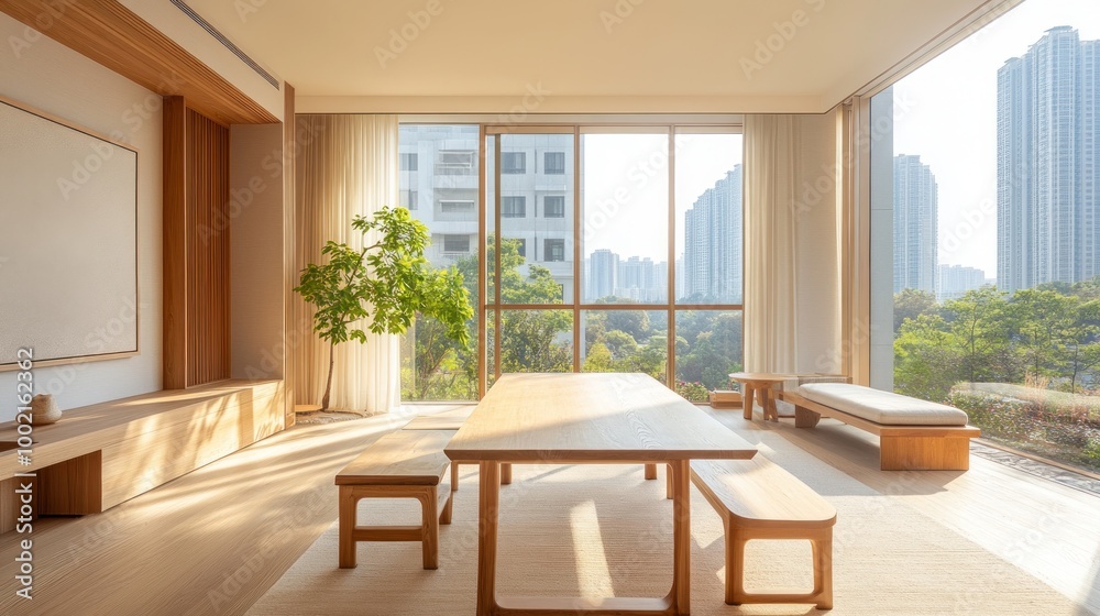 A bright, modern interior featuring a wooden table, benches, and large windows with greenery. A bright, modern interior featuring a wooden table, benches, and large windows with greenery.