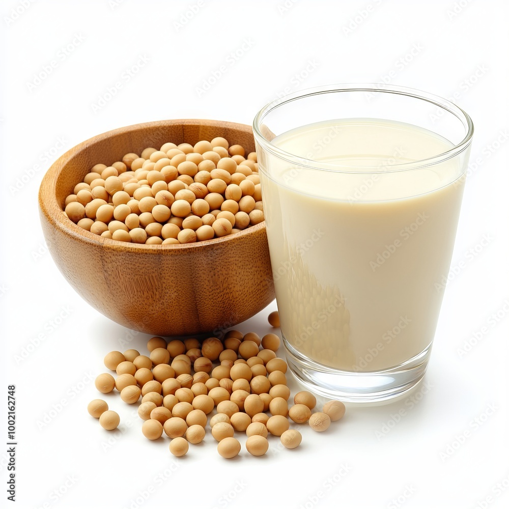 Closeup of soy beans in wooden bowl with soy milk in glass isolated on white background. Closeup of soy beans in wooden bowl with soy milk in glass isolated on white background.