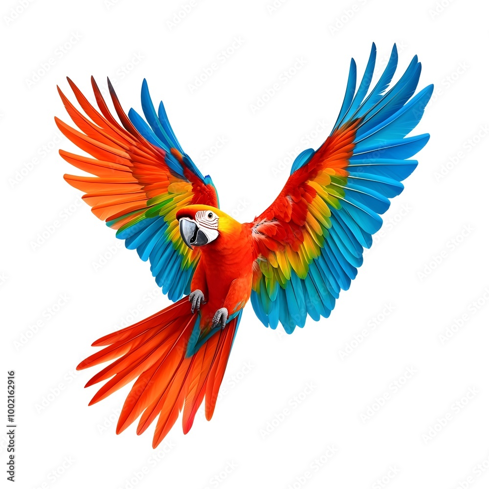 Fototapeta premium Captivating Colorful Parrot in Flight Vibrant Feathers Spread Wide against Blank Background