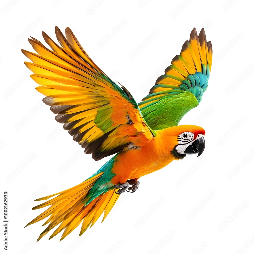 Obraz premium Vibrant Parrot in Graceful Flight Against White Background