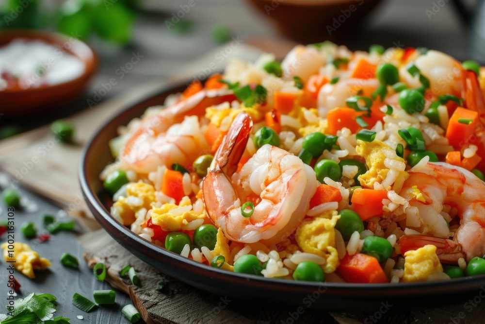 A delicious plate of shrimp fried rice with peas, carrots, and scrambled eggs, garnished with green onions. Copy space A delicious plate of shrimp fried rice with peas, carrots, and scrambled eggs, garnished with green onions. Copy space