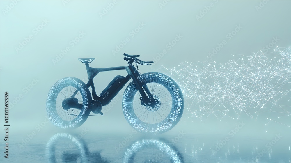 Fototapeta premium A futuristic bicycle gliding effortlessly through an atmospheric fog leaving a shimmering digital trail in its wake symbolizing innovation technology and the forward thinking future of transportation