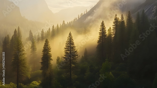 Golden Light Bathes Foggy Forest in Mountain Landscape