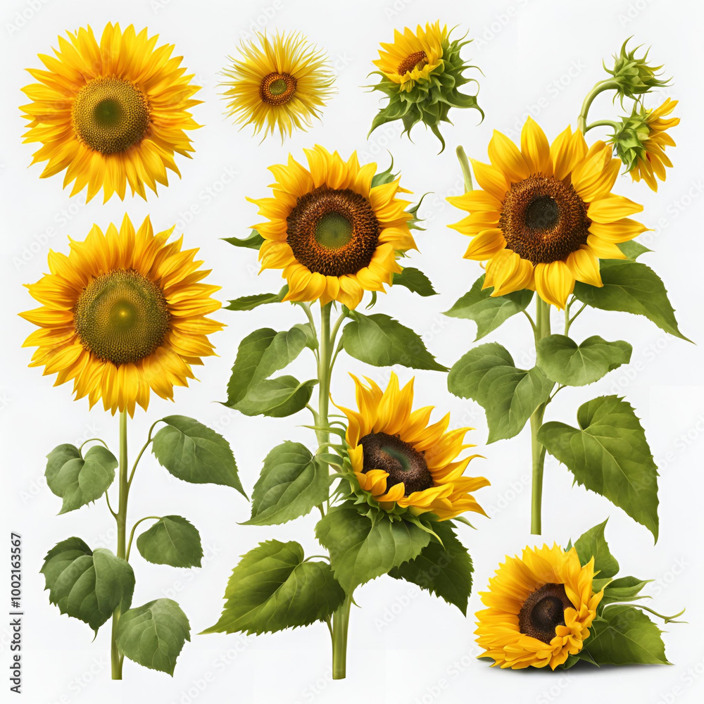 A detailed set of blooming sunflowers in various stages, with vibrant yellow petals and lush green leaves. Perfect for nature lovers and botanical enthusiasts, highlighting natural beauty. A detailed set of blooming sunflowers in various stages, with vibrant yellow petals and lush green leaves. Perfect for nature lovers and botanical enthusiasts, highlighting natural beauty.