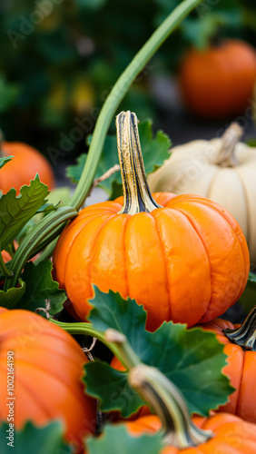 Close-up of a pumpkin in a pumpkin patch