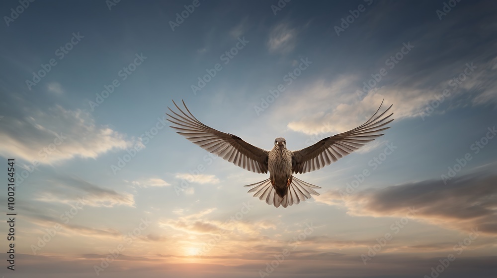 Fototapeta premium A single bird flying across a completely empty sky, its wings outstretched in a simple, graceful form, creating a sense of freedom and minimal beauty.