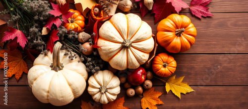 Autumnal Still Life with Pumpkins and Leaves