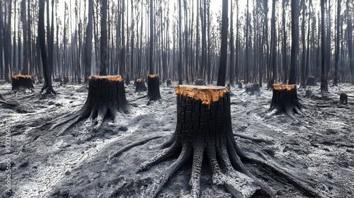 A haunting and dramatic view of the aftermath of a devastating wildfire in a once lush forest with only blackened tree stumps and ash covered ground remaining photo