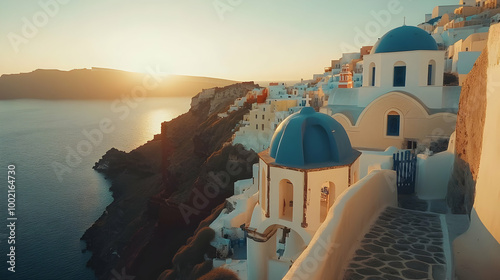 Sunset over the Whitewashed Buildings of Santorini