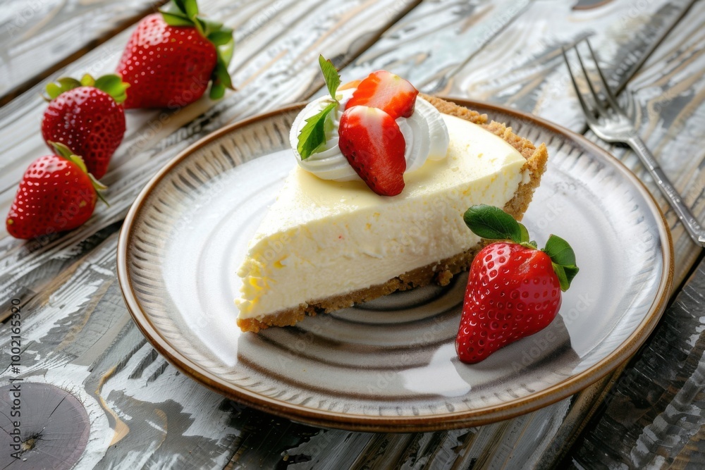 A delicious slice of New York-style cheesecake with a graham cracker crust, topped with fresh strawberries and a dollop of whipped cream, placed on a fancy dessert plate. Copy space A delicious slice of New York-style cheesecake with a graham cracker crust, topped with fresh strawberries and a dollop of whipped cream, placed on a fancy dessert plate. Copy space