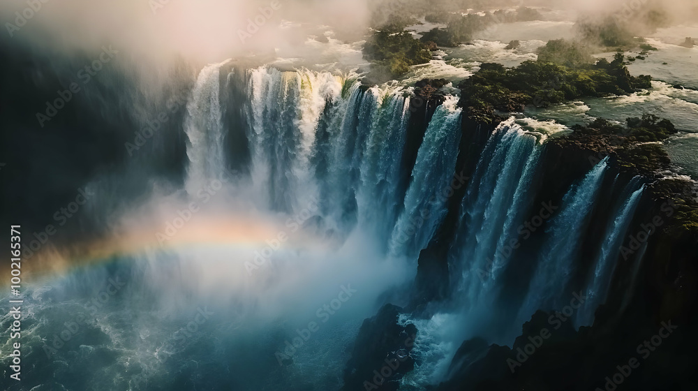 Fototapeta premium Stunning Aerial View of Waterfalls with a Rainbow