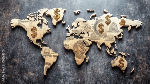 Global map with rising currency symbols, representing currency appreciation and economic strength worldwide.