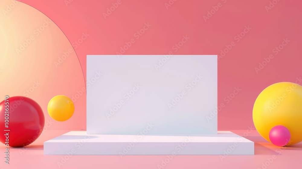 Minimalist 3D render featuring a white rectangular podium, complemented by a vibrant yellow and red ball, designed for showcasing products in a geometric arrangement. Minimalist 3D render featuring a white rectangular podium, complemented by a vibrant yellow and red ball, designed for showcasing products in a geometric arrangement.