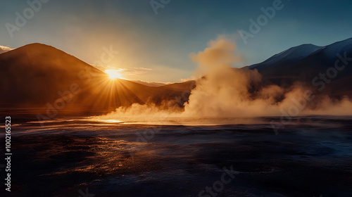 Stunning Sunset Over Geyser in Andes Mountains