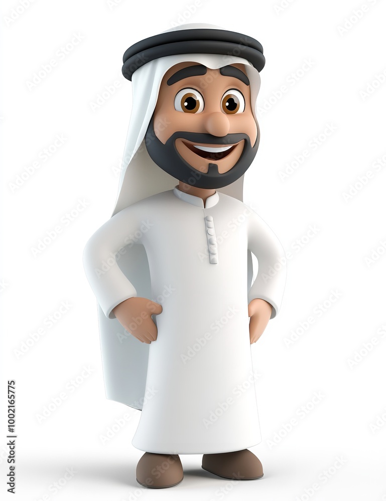 3D cartoon of a happy smiling Arab man wearing traditional attire 3D cartoon of a happy smiling Arab man wearing traditional attire