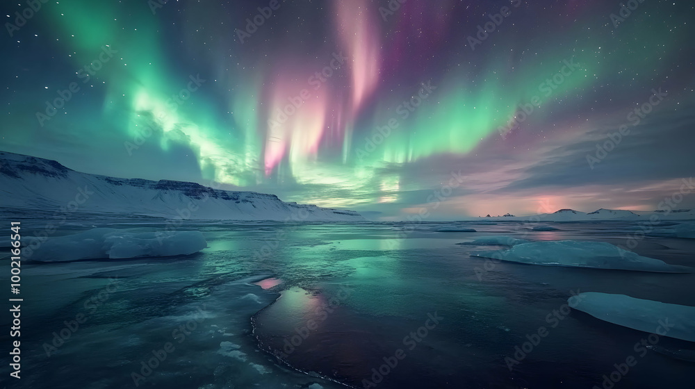 Naklejka premium Aurora Borealis Over Frozen Lake: A Breathtaking Night Sky Display