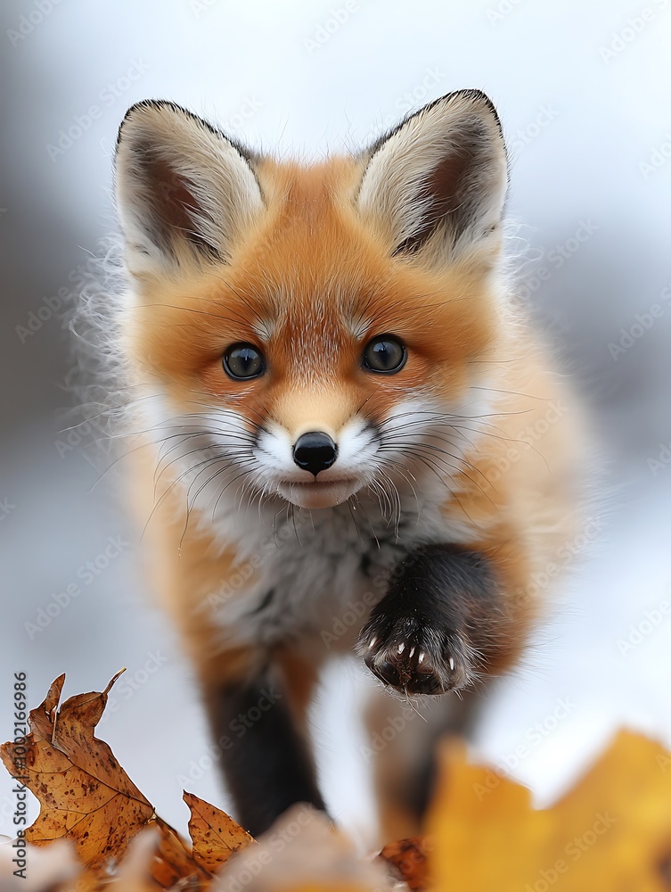 Playful Fox Cub Pouncing on Leaf in Autumn Scene Playful Fox Cub Pouncing on Leaf in Autumn Scene