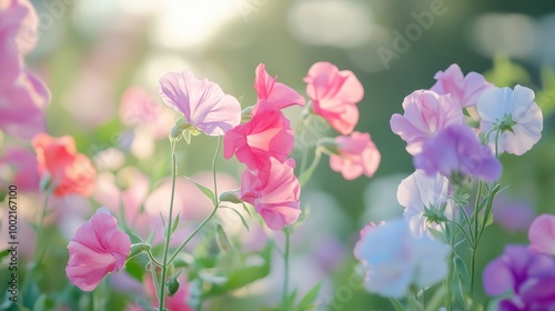 Colorful sweet pea flowers blooming in a vibrant garden during a sunny afternoon in spring