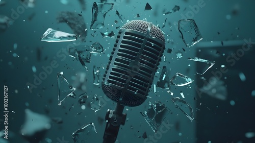 A microphone surrounded by sharply detailed shards of broken glass suspended in a state of mid air levitation creating a captivating and experimental visual display photo