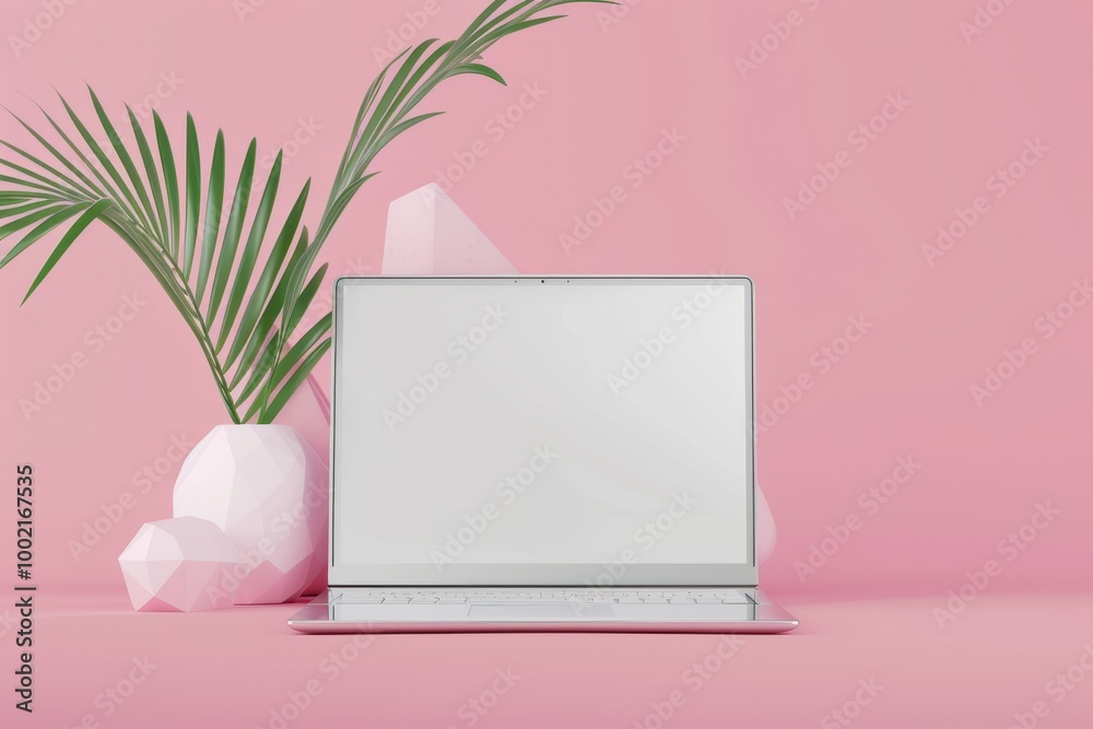 Minimalist laptop design featuring a blank screen, surrounded by abstract geometric shapes on a soft pink background, embodying modern fashion aesthetics and trendy mockup appeal Minimalist laptop design featuring a blank screen, surrounded by abstract geometric shapes on a soft pink background, embodying modern fashion aesthetics and trendy mockup appeal