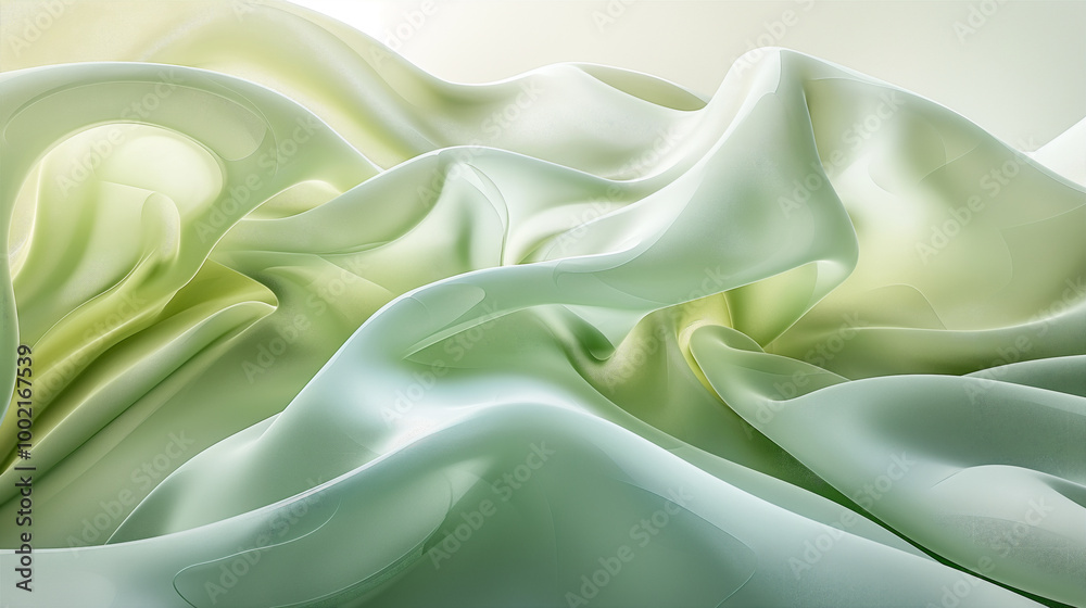 Flowing Green Fabric Waves on Minimalistic Light Green Background. Generative AI Flowing Green Fabric Waves on Minimalistic Light Green Background. Generative AI